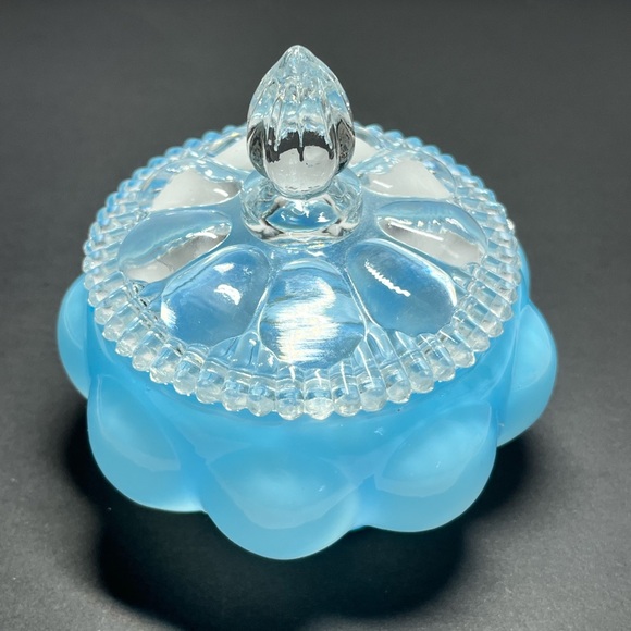 Large Fenton Robin Egg Blue Frosted Overlay Melon Puff Box Powder Jar - Picture 1 of 10
